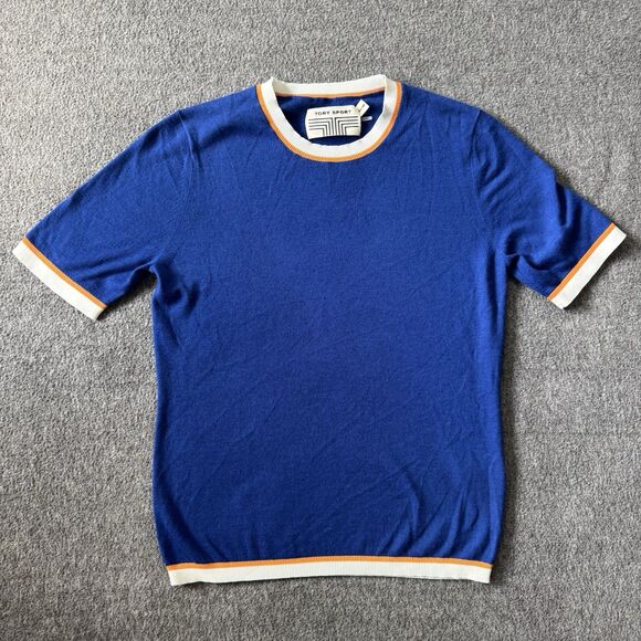 Tory Sport Cashmere Coolmax Womens Medium Blue Short Sleeve Knit Tee Sweater - Picture 1 of 5
